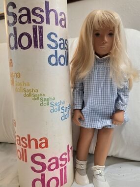 Doll Blonde Hair Girl in Blue Gingham Dress